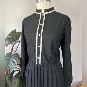Vintage 60’s Jennifer Gee Black Semi Shear Midi Pleated Dress Oriental Neckline